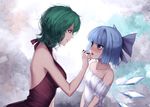  al_bhed_eyes alternate_costume applying_makeup backless_outfit bangs bare_arms bare_shoulders blue_bow blue_eyes blue_hair blunt_bangs blush bow breasts cirno collarbone commentary_request dress eye_contact from_side green_hair hair_bow halterneck ice ice_wings kazami_yuuka lipstick lipstick_tube looking_at_another makeup medium_breasts multiple_girls red-d red_dress red_eyes short_hair smile touhou turtleneck upper_body white_dress wings 