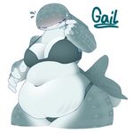 2017 anthro belly big_belly big_breasts bikini blush breasts clothing deep_navel digital_media_(artwork) eyes_closed female fish gail hi_res marine navel open_mouth overweight overweight_female shark sharkstuff_(artist) simple_background solo sweat swimsuit thick_thighs whale_shark white_background wide_hips 