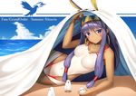  arm_support bangs beach blanket blue_sky breasts closed_mouth cloud cloudy_sky collarbone commentary_request dark_skin day egyptian eyebrows_visible_through_hair facial_mark fate/grand_order fate_(series) hair_between_eyes hair_tubes hairband horizon kurotobi_rarumu long_hair looking_at_viewer lying medium_breasts medjed nitocris_(fate/grand_order) nitocris_(swimsuit_assassin)_(fate) on_side one-piece_swimsuit outdoors purple_eyes purple_hair sky smile solo swimsuit tsurime very_long_hair white_swimsuit 