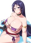  bikini blush breasts cleavage curvy eyepatch_bikini fate/grand_order fate_(series) highres huge_breasts long_hair looking_at_viewer low-tied_long_hair minamoto_no_raikou_(fate/grand_order) minamoto_no_raikou_(swimsuit_lancer)_(fate) moisture_(chichi) plump purple_eyes purple_hair skindentation solo swimsuit very_long_hair 