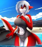  anthro beach clothed clothing female fish hair looking_at_viewer marine outside seaside shark sharkini solo standing swimsuit thick_thighs wide_hips xaenyth 