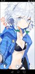  bikini black_bikini blue_eyes bow braid breasts cleavage green_bow highres hood hooded_jacket izayoi_sakuya jacket long_sleeves looking_at_viewer nuudoru open_clothes open_jacket phone_screen self_shot silver_hair sketch small_breasts solo swimsuit touhou twin_braids 