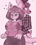  &lt;3 2017 absurd_res anthro antlers big_breasts blush breasts burnbuckie cervine clothed clothing deer duo ear_piercing feline female fur grope hair hand_on_breast hi_res horn male male/female mammal monochrome nails piercing plaid shirt short_hair simple_background skirt 