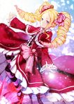  beatrice_(re:zero) blonde_hair blue_eyes bow capelet dress drill_hair full_body hair_ribbon high_heels highres long_hair looking_at_viewer maokezi neck_ribbon outstretched_arms pantyhose pink_ribbon re:zero_kara_hajimeru_isekai_seikatsu red_bow red_dress red_footwear ribbon shoes solo striped striped_legwear striped_ribbon twin_drills 