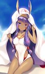 absurdres blush breasts cleavage collarbone cosplay dark_skin earrings eyebrows_visible_through_hair fate/grand_order fate_(series) highres hoop_earrings jewelry large_breasts long_hair looking_at_viewer medjed medjed_(cosplay) nitocris_(fate/grand_order) nitocris_(swimsuit_assassin)_(fate) parted_lips pdxen purple_eyes purple_hair sitting smile solo 