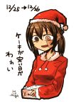  1girl :d black_outline brown_eyes brown_hair christmas commentary_request dated fur_trim hat highres karahara_shima kotoba_noriaki long_sleeves open_mouth original pom_pom_(clothes) red_hat red_sweater santa_costume santa_hat scar signature simple_background smile solo sweater tears translation_request twintails upper_body white_background 