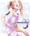  animal_ears bag blonde_hair blush brown_eyes chocolate_banana circlet extra_ears eyebrows_visible_through_hair fish food golden_snub-nosed_monkey_(kemono_friends) goldfish itoichi. japanese_clothes kemono_friends kimono long_hair looking_at_viewer mask mask_on_head monkey_ears monkey_mask monkey_tail obi plastic_bag ponytail sash skewer solo tail yukata 