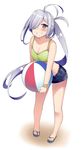  asashimo_(kantai_collection) ball bare_arms bare_legs beachball blush breasts bright_pupils cleavage collarbone full_body green_bikini_top grin hair_over_one_eye holding kantai_collection kusano_(torisukerabasu) leaning_forward long_hair looking_at_viewer medium_breasts ponytail sandals short_shorts shorts silver_eyes silver_hair smile solo standing striped_bikini_top tears very_long_hair 