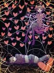  1girl bow extra_arms extra_eyes fangs frisk_(undertale) hearts muffet purple_skin ribbon spider_girl spider_web thigh_boots undertale 
