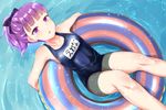  breasts fate/grand_order fate_(series) from_above helena_blavatsky_(fate/grand_order) helena_blavatsky_(swimsuit_archer)_(fate) highres innertube looking_at_viewer looking_up name_tag nenosame ocean one-piece_swimsuit partially_submerged ponytail purple_eyes purple_hair school_swimsuit short_hair small_breasts solo swimsuit 