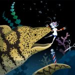  1girl bangs barber_pole blue_stripes bow bubble claws coral crab_claw floating moray_eel nona_drops original plant profile red_stripes scissors striped striped_bow underwater white_hair white_stripes 