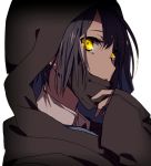  1girl black_hair collared_shirt commentary_request face_mask from_side hiiragi_fuyuki hood hood_up long_sleeves looking_at_viewer mask original parted_lips shirt short_hair simple_background sleeves_past_wrists solo upper_body white_background wing_collar yellow_eyes 