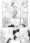  5girls animal_ears bow braid bunny_ears comic dress dress_shirt fujiwara_no_mokou greyscale hair_bow hat highres houraisan_kaguya inaba_tewi japanese_clothes kimono long_hair monochrome multiple_girls nurse_cap reisen_udongein_inaba satou_memeko shirt single_braid suspenders touhou translated uu~ very_long_hair yagokoro_eirin 