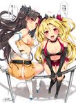  ass black_hair blonde_hair blush boots breasts dual_persona earrings elbow_gloves ereshkigal_(fate/grand_order) fate/grand_order fate_(series) gloves hair_ribbon high_heel_boots high_heels ishtar_(fate/grand_order) jewelry kojima_saya long_hair looking_at_viewer medium_breasts multiple_girls navel open_mouth red_eyes ribbon sideboob signature sitting translation_request twintails white_gloves 