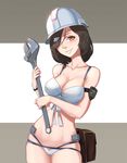  bikini black_hair breasts brown_eyes collarbone commentary_request fish_hair_ornament front-tie_top grin hair_ornament hair_over_one_eye hardhat hat helmet highres holding large_breasts long_hair looking_at_viewer mecha_musume navel pacific personification sima_naoteng simple_background skindentation smile solo stomach swimsuit teeth uss_tautog_(ss-199) white_bikini white_hat wrench wrist_cuffs 