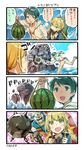  4koma :d artist_name bikini black_cardigan black_eyes black_hair black_jacket black_sailor_collar blonde_hair cardigan comic commentary_request food fruit gundam hair_between_eyes highres jacket kantai_collection long_hair long_sleeves low_twintails meteor_hammer mobile_suit_gundam mogami_(kantai_collection) multiple_girls nonco open_mouth parody remodel_(kantai_collection) rx-78-2 sailor_collar satsuki_(kantai_collection) short_hair smile speech_bubble swimsuit translated twintails watermelon yellow_eyes 