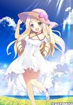  artist_name beach blonde_hair brown_eyes cloud day dress drill_hair eromanga_sensei full_body hat knees_together light_rays long_hair looking_at_viewer open_mouth outdoors sky smile solo sun_hat sunbeam sunlight twin_drills watsuki_ayamo white_dress yamada_elf 