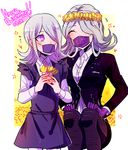  2girls child danganronpa danganronpa_3 dress eyes_closed flower gloves grey_hair huyandere kimura_seiko long_hair mask multiple_girls purple_eyes skirt surgical_mask younger 