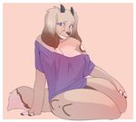  2017 anthro big_breasts breasts canine caprine cleavage clothed clothing dog female floppy_ears goat hand_on_leg horn hybrid mammal markings purple_eyes sally_hazel shirt sitting solo thick_thighs wasabitea 