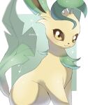  animal_focus artist_name border brown_eyes brown_fur closed_mouth commentary_request gradient_background green_background highres iwasi_29 leaf leafeon no_humans pokemon pokemon_(creature) sparkle twitter_username white_border 