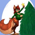 2023 5_fingers anthro bat big_breasts biped bottomless breasts canid canine canis christmas christmas_lights christmas_tree cleavage_cutout clothed clothing fangs female fingers fluffy green_clothing green_eyes green_sweater green_topwear hi_res holding_object holidays holly_(plant) huge_breasts hybrid mammal on_one_leg open_mouth open_smile plant signature smile solo standing sweater teeth topwear tree wolf ziro_(zixxxous) zixxxous