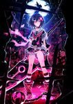  alice_(mary_skelter) bangs black_hair black_skirt cityscape closed_mouth hair_ornament hairclip holding holding_weapon huge_weapon legs looking_at_viewer mary_skelter moon nanameda_kei pink_eyes shirt short_hair short_sleeves skirt slit_pupils smile socks solo striped striped_legwear weapon 