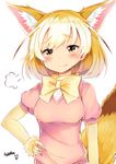 =3 animal_ears blonde_hair blush bow bowtie fennec_(kemono_friends) fox_ears fox_tail fur_trim highres kemono_friends looking_at_viewer marker_(medium) pink_sweater puffy_short_sleeves puffy_sleeves short_hair short_sleeve_sweater short_sleeves sigh signature smile solo sweater sylphine tail traditional_media upper_body white_background yellow_bow yellow_eyes yellow_neckwear 