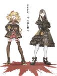  2girls akai_haato black_hair blonde_hair blood blood_splatter crossed_arms dress grey_hair hair_ornament hand_on_own_hip heart heart_hair_ornament highres hololive hololive_dev_is juufuutei_raden long_hair multiple_girls pantyhose smile tauyoshi728 thighhighs virtual_youtuber white_background white_pantyhose 