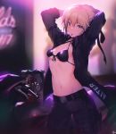  1girl arms_behind_back arms_up artoria_pendragon_(all) artoria_pendragon_(lancer_alter) backlighting bangs belt belt_buckle belt_pouch bikini_top black_bikini_top black_jacket black_pants black_ribbon blonde_hair blurry blurry_background blush braid breasts buckle character_name cleavage collarbone commentary cowboy_shot criss-cross_halter dark depth_of_field english_commentary fate/grand_order fate_(series) food food_in_mouth french_fries front-tie_bikini front-tie_top groin ground_vehicle hair_between_eyes hair_ribbon halterneck holster jacket leg_belt legs light_particles long_sleeves looking_at_viewer midriff motor_vehicle motorcycle mouth_hold nagu navel neon_lights night open_clothes open_jacket outdoors pants pouch ribbon short_hair sidelocks signature small_breasts solo standing stomach thigh_holster wing_collar yellow_eyes 