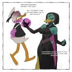 anatid anseriform anthro asphyxiation avian biped bird black_hair border breasts choking clothed clothing dialogue disney donald_duck duck duo english_text eyelashes female fur green_body hair magic magica_de_spell male matchattea nipple_outline non-mammal_breasts text white_body white_border white_fur