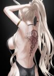  absurdres arknights armlet back_tattoo backless_dress backless_outfit black_background black_dress dress from_behind gino_(gino_h) highres horns long_hair pointy_ears ponytail shining_(arknights) solo tattoo very_long_hair white_hair 