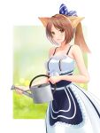  1girl absurdres animal_ears arknights bare_arms bare_shoulders blue_bow blush bow breasts brown_hair cowboy_shot dress fox_ears fox_girl hair_bow highres holding holding_watering_can long_hair looking_at_viewer no_jacket open_mouth perfumer_(arknights) ponytail redeye_tmirm sleeveless sleeveless_dress small_breasts solo striped striped_bow watering_can white_dress yellow_eyes 