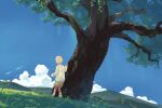  1boy blue_sky brown_footwear brown_shorts child cloud day highres male_focus original short_hair shorts sky solo sweater taizo4282 tree white_hair white_sweater 