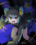  1girl bent_over black_gloves black_hair black_socks blue_hair character_name fangs gloves hair_between_eyes highres kneehighs light_blue_hair luxray morizo_(morizoshop) multicolored_eyes multicolored_hair open_mouth orange_eyes personification pokemon pokemon_ears pokemon_tail short_hair socks solo tail teeth two-tone_hair v-shaped_eyebrows yellow_eyes 