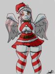 5_fingers amber_eyes anthro big_breasts black_clothing black_panties black_underwear blue_body blue_scales bone_frill bottomwear breasts christmas christmas_clothing christmas_headwear clothing colored eyeshadow fang_(gvh) feathered_wings feathers female fingers frill_(anatomy) front_facing gesture goodbye_volcano_high grey_body grey_feathers hair hand_behind_back hat headgear headwear hi_res holidays isaaks makeup panties pterodactylus pterosaur reptile santa_hat scales scalie short_tail silver_hair simple_background skirt small_waist smile solo standing tail thick_thighs thigh_gap underwear v_sign voluptuous_female wide_hips wings
