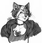  2017 anthro beauty_mark biped breasts bust_portrait calico_cat cat character_name cheek_tuft choker cleavage clothed clothing ear_piercing eye_through_hair eyebrows_visible_through_hair facial_piercing feline front_view fur greyscale hair half-closed_eyes heterochromia hoodie inner_ear_fluff lip_piercing lip_ring looking_at_viewer mammal marker_(artwork) mary_(fluffyboobs) medium_breasts mixed_media monochrome moodyglider multicolored_fur multicolored_hair nose_piercing nose_ring open_clothing open_hoodie pen_(artwork) piercing portrait septum_piercing short_hair signature simple_background slit_pupils smile traditional_media_(artwork) translucent_hair tuft undershirt whiskers white_background 