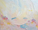  1girl absurdres acrylic_paint_(medium) bare_shoulders blue_hair blush closed_eyes cloud colored_eyelashes colored_skin commentary_request flower highres impasto light_rays no_nose oda_mifuu original painting_(medium) pink_skin short_hair solo sunbeam sunlight traditional_media yellow_flower 