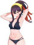  1girl alternate_hairstyle armpits arms_behind_head arms_up bikini black_bikini black_hair blush breasts carmine_(pokemon) cleavage colored_inner_hair cowboy_shot crossed_bangs eyelashes hair_between_eyes hairband high_ponytail highres kamidan long_hair looking_at_viewer medium_breasts mole mole_under_eye multicolored_hair navel pokemon pokemon_sv ponytail red_hair simple_background solo standing stomach swimsuit thighs two-tone_hair tying_hair white_background yellow_eyes yellow_hairband 