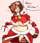  1girl animal_ears animal_nose bags_under_eyes bell blush body_fur breasts brown_fur brown_hair brown_tail christmas cleavage cowboy_shot egg_hair_ornament english_commentary english_text food-themed_hair_ornament furry gloves hair_between_eyes hair_ornament highres huge_breasts kagarimachi_konatsu looking_at_viewer multicolored_fur multicolored_hair navel nekotsuki_kohime_(kagarimachi_konatsu) open_mouth original plump red_gloves short_sleeves solo speech_bubble striped_fur tareme thick_thighs thighs yellow_fur zipper_pull_tab 