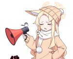  1girl animal animal_ears beanie bird blonde_hair blue_archive blush closed_eyes fox_ears halo hat holding holding_megaphone long_hair long_sleeves megaphone nako775 open_mouth pom_pom_(clothes) scarf seia_(blue_archive) shirt simple_background solo tears white_background white_bird white_scarf yellow_halo yellow_headwear yellow_shirt 