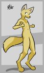 2023 anthro arms_by_side binary_drawing black_eyes black_nose canid canine cel_shading daleport996 digitigrade eyebrows featureless_crotch featureless_feet feet fennec fist fox full-length_portrait fur grey_background inner_ear_fluff joey_(daleport996) looking_at_viewer male mammal navel nude outline portrait raised_eyebrow shaded signature simple_background smile solo standing tail thick_tail thrusting tuft yellow_body yellow_fur