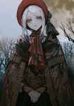  1girl absurdres albino_(a1b1n0623) ascot bloodborne bonnet branch brown_cloak cloak closed_mouth doll doll_joints grey_eyes grey_sky highres joints looking_back own_hands_together plain_doll red_ascot sky solo tree white_hair 