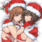  2girls bed_sheet bell bikini breasts brown_eyes brown_hair capelet christmas closed_mouth commentary english_commentary frown fur-trimmed_capelet fur-trimmed_gloves fur-trimmed_headwear fur_trim girls_und_panzer glaring gloves hand_on_another&#039;s_face hat highres holding_mistletoe huaronanago large_breasts looking_at_another medium_breasts mistletoe multiple_girls neck_bell nishizumi_maho nishizumi_miho on_bed parted_lips red_bikini red_capelet red_gloves red_headwear santa_gloves santa_hat short_hair siblings sisters smile swimsuit 