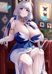  1girl alternate_costume armlet azur_lane bare_shoulders blue_eyes blunt_bangs blush breasts dress elbow_gloves feet_out_of_frame gloves highres illustrious_(azur_lane) large_breasts long_hair looking_at_viewer mole mole_under_eye parted_lips sitting solo thighlet thighs wee_(weeyy) white_dress white_gloves 