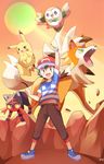  :d arm_up baseball_cap black_hair blue_footwear brown_eyes gen_1_pokemon gen_7_pokemon gradient_sky hat highres legs_apart litten looking_at_viewer lycanroc mei_(maysroom) navel open_mouth pants pikachu pokemon pokemon_(anime) pokemon_(creature) pokemon_sm_(anime) red_hat red_sky rowlet satoshi_(pokemon) shirt shoes short_sleeves sky smile standing striped striped_shirt sun 