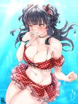  1girl absurdres air_bubble armpit_crease bare_shoulders bikini black_hair blunt_bangs blunt_ends blush bow breasts brown_eyes bubble choker cleavage closed_mouth collarbone commentary commission cowboy_shot curvy endo_yohane eyelashes floating_clothes floating_hair frilled_bikini frills hair_bow hair_ribbon halterneck hand_up heart heart_choker heart_print highres holding_nose idolmaster idolmaster_shiny_colors large_breasts lips long_hair mayuzumi_fuyuko navel off-shoulder_bikini off_shoulder one_eye_closed red_bikini red_bow red_ribbon ribbon sidelocks signature skeb_commission solo stomach swimsuit tsurime two_side_up underwater 