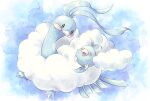  altaria animal_focus beak black_eyes blue_background blue_skin cloud colored_skin commentary_request evolutionary_line highres no_humans pokemon pokemon_(creature) remedy_matome swablu wings 
