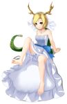 1girl antlers bare_legs barefoot blonde_hair doge_(jkdoge) dragon_girl dragon_horns dragon_tail highres horns kicchou_yachie red_eyes short_hair smile soles solo tail touhou turtle_shell yellow_horns 