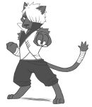 2017 anthro barefoot bottomwear claws clothed clothing darui_(naruto) fangs feet felid full-length_portrait fully_clothed fur grey_body grey_bottomwear grey_clothing grey_fur grey_pants grey_tail greyscale hair hair_over_eye male mammal monochrome naruto one_eye_obstructed pantherine pants paws portrait solo teeth temitess white_claws white_hair