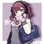  1girl bag binchou_maguro black_jacket black_ribbon blazer border brown_hair cevio character_badge closed_mouth commentary dated drop_shadow earmuffs ekaterina_(synthesizer_v) expressionless grey_sweater hair_ribbon hand_up highres holding_strap jacket light_blush long_hair long_sleeves looking_at_viewer mole mole_on_cheek multicolored_clothes multicolored_jacket natsuki_karin neck_warmer open_clothes open_jacket outside_border purple_background purple_eyes ribbon school_bag school_uniform shoulder_bag simple_background solo sweater symbol-only_commentary synthesizer_v twintails twitter_username two-tone_jacket upper_body wavy_hair white_border white_sleeves 